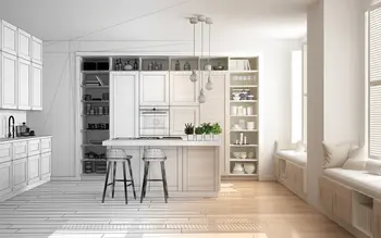Visualisierung einer modernen Küchenplanung mit Übergang von detaillierter Zeichnung zu realisiertem Küchendesign, inklusive Kochinsel, Hocker, offenen Regalen und heller Fensterbank, ideal für individuelle Küchenplanung und Interior Design.